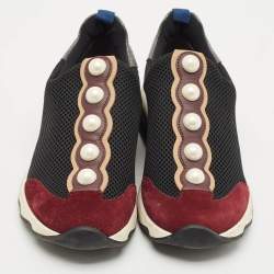Pre Owned Fendi Black/Burgundy Mesh and Suede Pearl Technical Slip On Sneakers Size 37