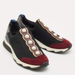 Pre Owned Fendi Black/Burgundy Mesh and Suede Pearl Technical Slip On Sneakers Size 37