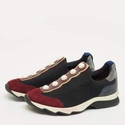 Pre Owned Fendi Black/Burgundy Mesh and Suede Pearl Technical Slip On Sneakers Size 37