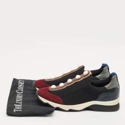 Pre Owned Fendi Black/Burgundy Mesh and Suede Pearl Technical Slip On Sneakers Size 37