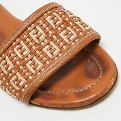 Pre Owned Fendi Brown/White Leather and Woven Leather FF Flat Sandals Size 39