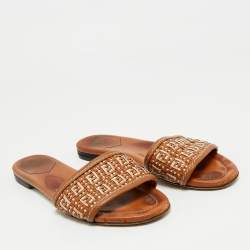 Pre Owned Fendi Brown/White Leather and Woven Leather FF Flat Sandals Size 39
