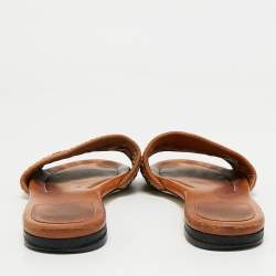 Pre Owned Fendi Brown/White Leather and Woven Leather FF Flat Sandals Size 39