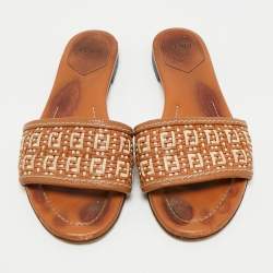 Pre Owned Fendi Brown/White Leather and Woven Leather FF Flat Sandals Size 39