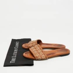 Pre Owned Fendi Brown/White Leather and Woven Leather FF Flat Sandals Size 39
