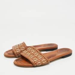 Pre Owned Fendi Brown/White Leather and Woven Leather FF Flat Sandals Size 39