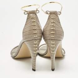 Pre Owned Fendi Grey Croc Embossed Leather Filo Ankle Strap Sandals Size 38