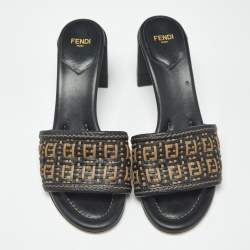 Pre Owned Fendi Black/Brown FF Interlace Leather Slide Sandals Size 37.5