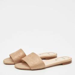 Pre Owned Fendi Beige Satin Logo Embroidered Flat Slides Size 37.5