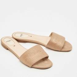 Pre Owned Fendi Beige Satin Logo Embroidered Flat Slides Size 37.5