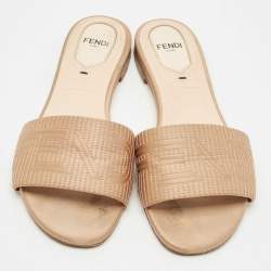 Pre Owned Fendi Beige Satin Logo Embroidered Flat Slides Size 37.5