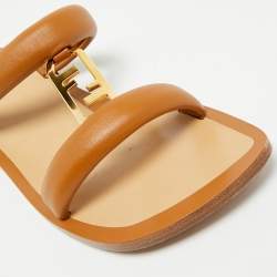 Pre Owned Fendi Brown Leather Buckle Flats Slide Size 38