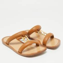 Pre Owned Fendi Brown Leather Buckle Flats Slide Size 38