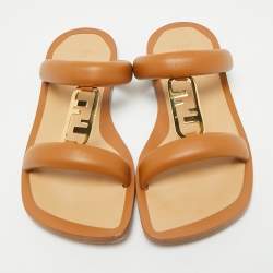 Pre Owned Fendi Brown Leather Buckle Flats Slide Size 38