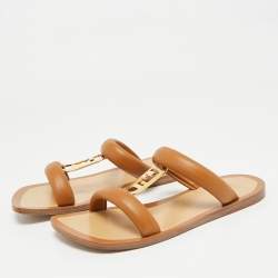 Pre Owned Fendi Brown Leather Buckle Flats Slide Size 38