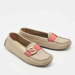 Pre Owned Fendi Grey Leather FF Logo Loafers Size 37.5