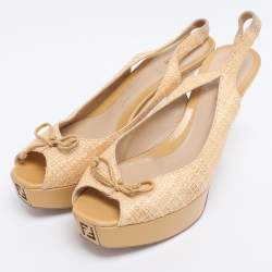 Pre Owned Fendi Beige Woven Straw Fendista Bow Platform Slingback Sandals Size 41