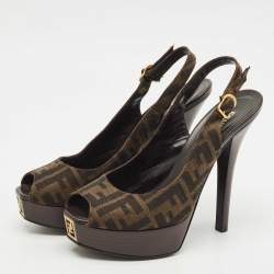 Pre Owned Fendi Brown Zucca Canvas Open Toe Platform Slingback Sandals Size 40