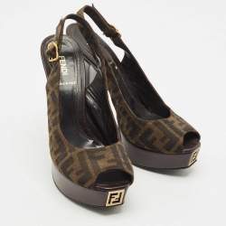 Pre Owned Fendi Brown Zucca Canvas Open Toe Platform Slingback Sandals Size 40