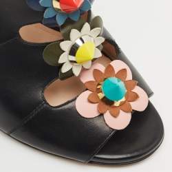 Pre Owned Fendi Black Leather Flowerland Slide Sandals Size 40