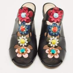 Pre Owned Fendi Black Leather Flowerland Slide Sandals Size 40