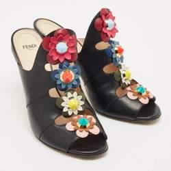Pre Owned Fendi Black Leather Flowerland Slide Sandals Size 40