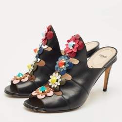 Pre Owned Fendi Black Leather Flowerland Slide Sandals Size 40