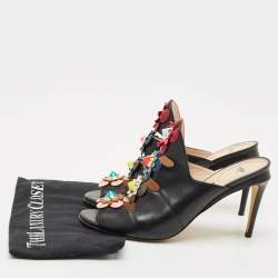 Pre Owned Fendi Black Leather Flowerland Slide Sandals Size 40