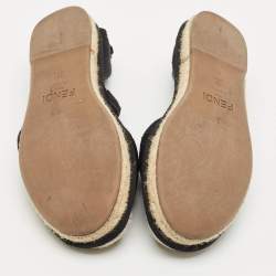 Pre Owned Fendi Black FF Logo Embroidered Fabric Ankle Wrap Espadrille Flats Size 38