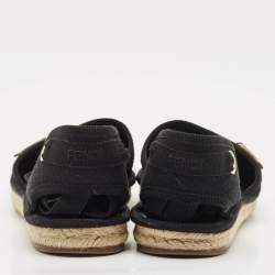 Pre Owned Fendi Black FF Logo Embroidered Fabric Ankle Wrap Espadrille Flats Size 38
