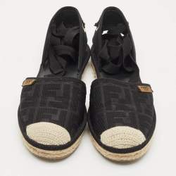 Pre Owned Fendi Black FF Logo Embroidered Fabric Ankle Wrap Espadrille Flats Size 38
