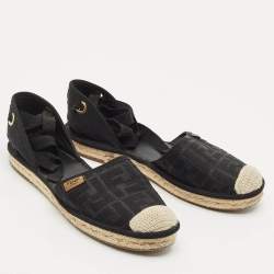 Pre Owned Fendi Black FF Logo Embroidered Fabric Ankle Wrap Espadrille Flats Size 38