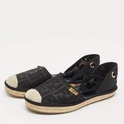 Pre Owned Fendi Black FF Logo Embroidered Fabric Ankle Wrap Espadrille Flats Size 38