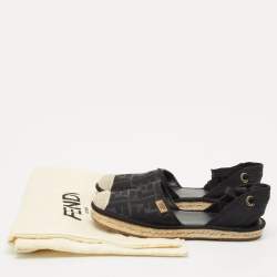 Pre Owned Fendi Black FF Logo Embroidered Fabric Ankle Wrap Espadrille Flats Size 38