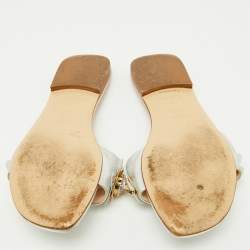 Pre Owned Fendi Silver Leather Flowerland Embellished Flat Slide Sandals Size 38