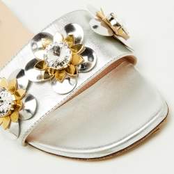 Pre Owned Fendi Silver Leather Flowerland Embellished Flat Slide Sandals Size 38