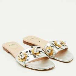 Pre Owned Fendi Silver Leather Flowerland Embellished Flat Slide Sandals Size 38
