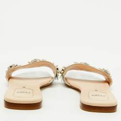 Pre Owned Fendi Silver Leather Flowerland Embellished Flat Slide Sandals Size 38