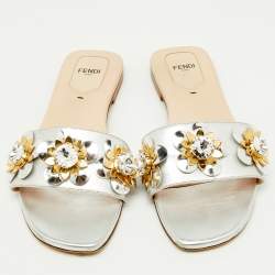 Pre Owned Fendi Silver Leather Flowerland Embellished Flat Slide Sandals Size 38
