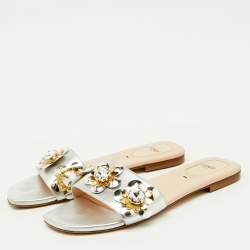 Pre Owned Fendi Silver Leather Flowerland Embellished Flat Slide Sandals Size 38