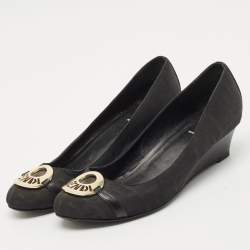 Pre Owned Fendi Black Canvas Logo Wedges Sandals Size  41