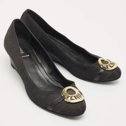 Pre Owned Fendi Black Canvas Logo Wedges Sandals Size  41