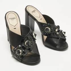 Pre Owned Fendi Black Patent and Leather Flowerland Criss Cross Slide Sandals Size 36