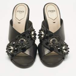 Pre Owned Fendi Black Patent and Leather Flowerland Criss Cross Slide Sandals Size 36