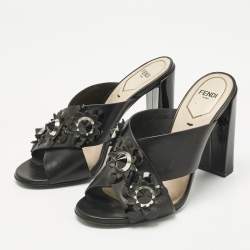 Pre Owned Fendi Black Patent and Leather Flowerland Criss Cross Slide Sandals Size 36
