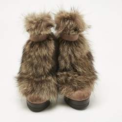 Pre Owned Fendi Brown Nubuck Leather and Raccoon Fur Platform Ankle Boots Size 40