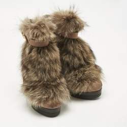 Pre Owned Fendi Brown Nubuck Leather and Raccoon Fur Platform Ankle Boots Size 40