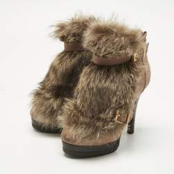 Pre Owned Fendi Brown Nubuck Leather and Raccoon Fur Platform Ankle Boots Size 40
