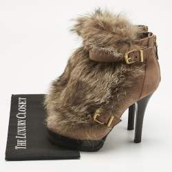 Pre Owned Fendi Brown Nubuck Leather and Raccoon Fur Platform Ankle Boots Size 40