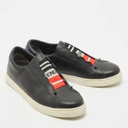 Pre Owned Fendi Black/Blue Leather Logo Knit Rockoko Scallop Detail Slip On Sneakers Size 39